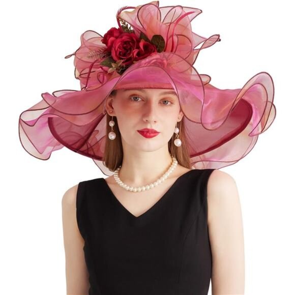 Women Organza Church Tea Party Hats Floral Red Pink main image 5